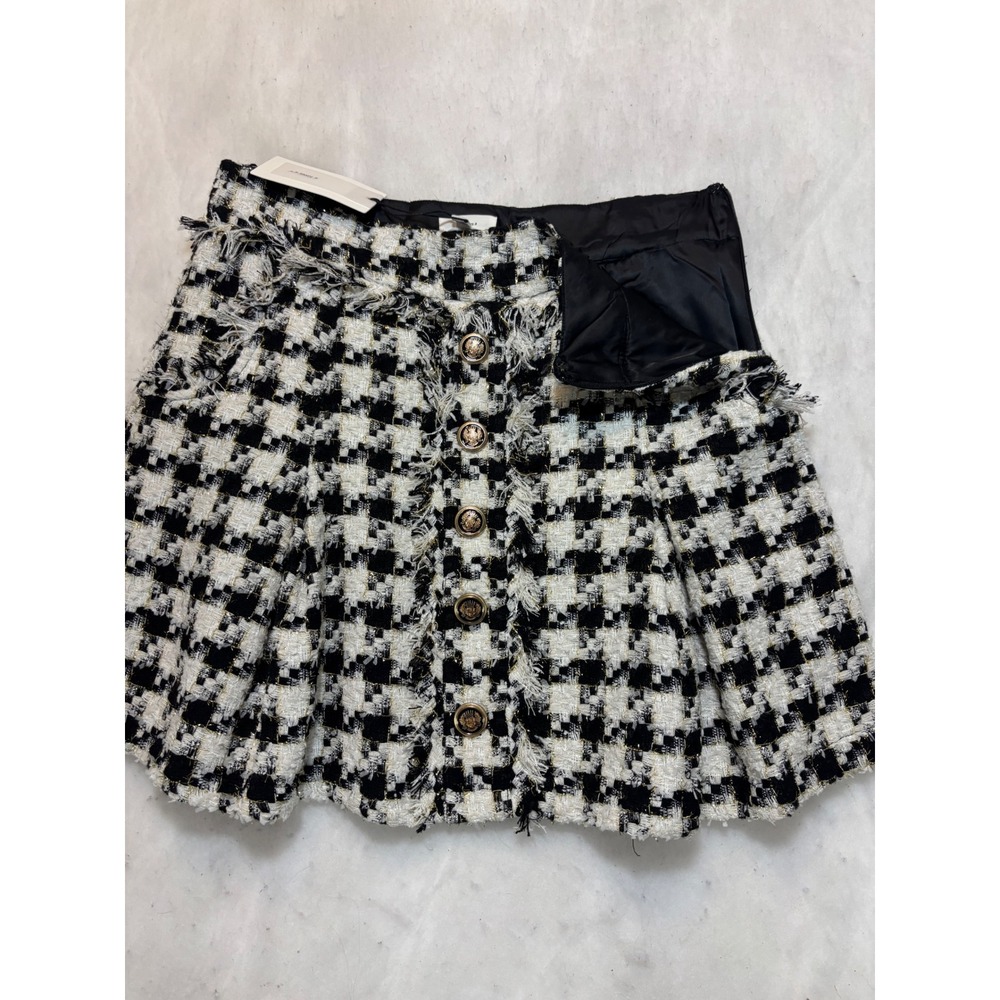 A Loves A Houndstooth Tweed Mini Skirt Black White Gold Metallic Crest Button L - Picture 9 of 11